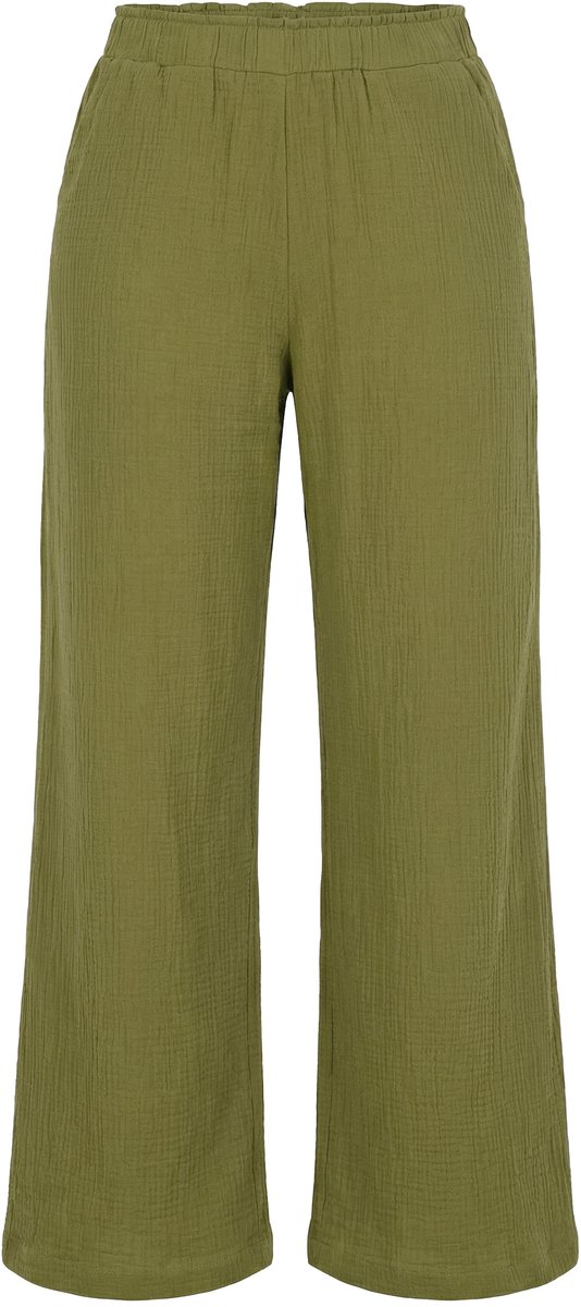 Studio Untold - Dames - Broek wijde pijpen mousseline elastische tailleband - Olijf - Maat 50