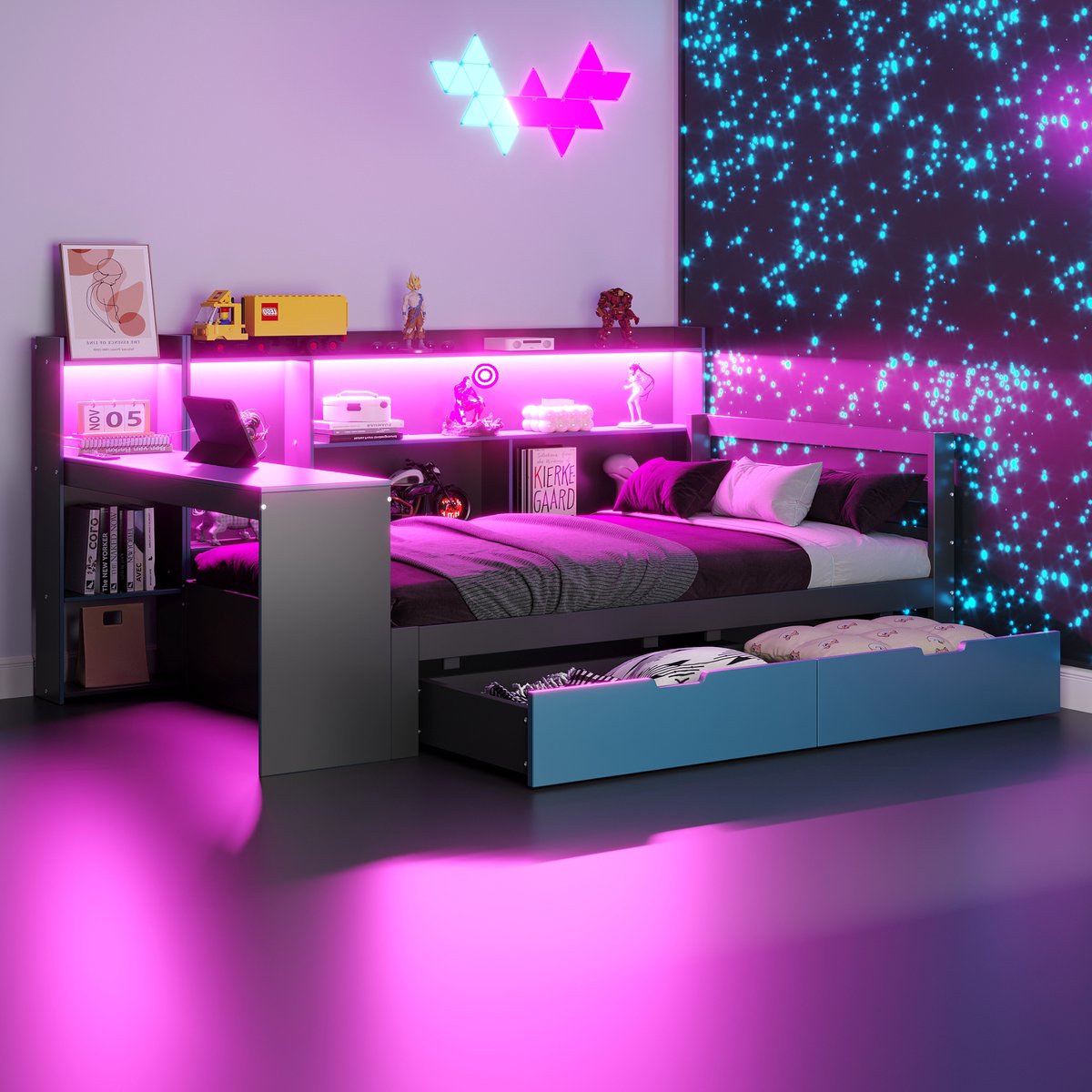 Houten Bed, Slaapbank 90 x 200 cm, met Bureau, Boekenplank, Opbergvakken en Planken, met Geïntegreerde Verlichting en Stopcontacten, Lades, Multifunctioneel Houten Bed, Zwart + Blauw