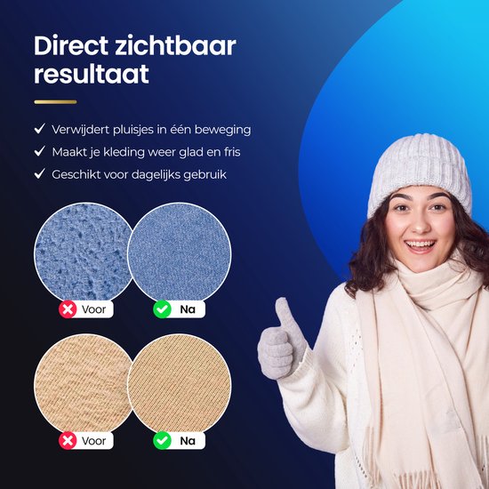 Een blije vrouw met een witte muts en sjaal. Twee cirkels tonen voor en na voorbeelden op lichtblauwe en beige stof, waarbij de tekst "Direct zichtbaar resultaat" wordt benadrukt.