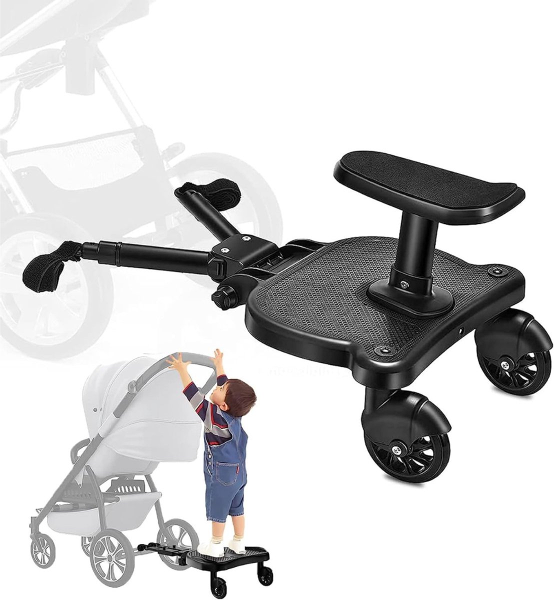 VIN® Meerijdplankje Universeel - Meerijplankje Met Dubbele Stevige Wielen - Meerijdplankje Met Zitje Voor Aan De Kinderwagen of Buggy - Extra stabiel - Verstelbaar – Meerijdplankjes Tot 25 kg - Zwart