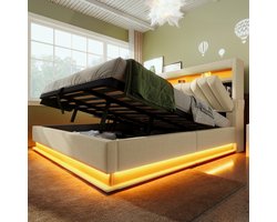 Wishdor Opbergbed 160x200 cm – LED/App & USB/Type-C – Hydraulische Lift & Opbergvakken – Linnen Beige – Moderne All-in-One