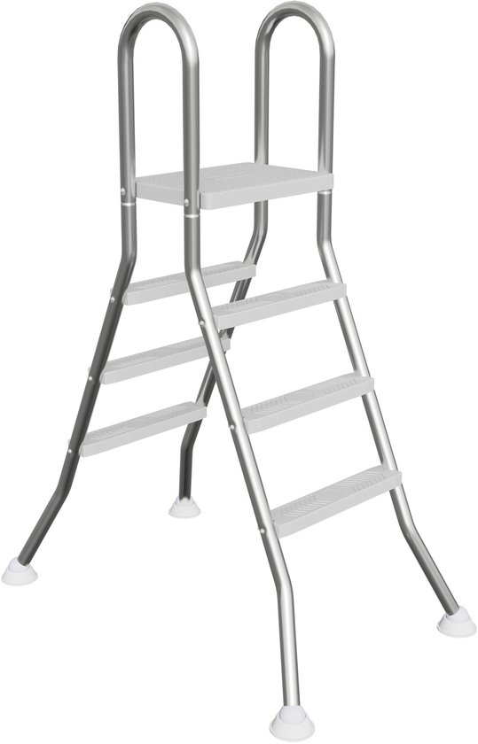 Een zilverkleurige zwembadtrap met 3 treden, zilverkleurige handgrepen en witte antislipvoetjes, geïsoleerd op witte achtergrond.