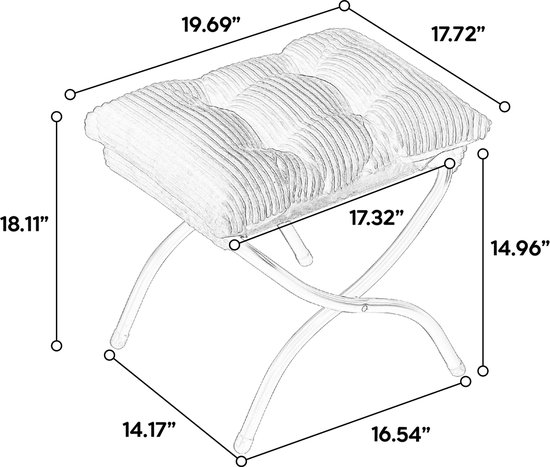 Lichtgroene corduroy poef met zachte vulling en een zwart metalen onderstel.