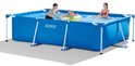 Blauw rechthoekig Intex zwembad met witte steunpilaren. Drie personen, twee kinderen en een volwassene, genieten van het zwemmen.