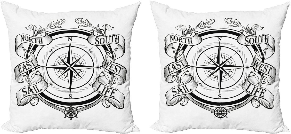 ABAKUHAUS Kompas Kussensloop Set (2 stuks), Zeil Navigatieapparaat, 50 cm, wit/zwart