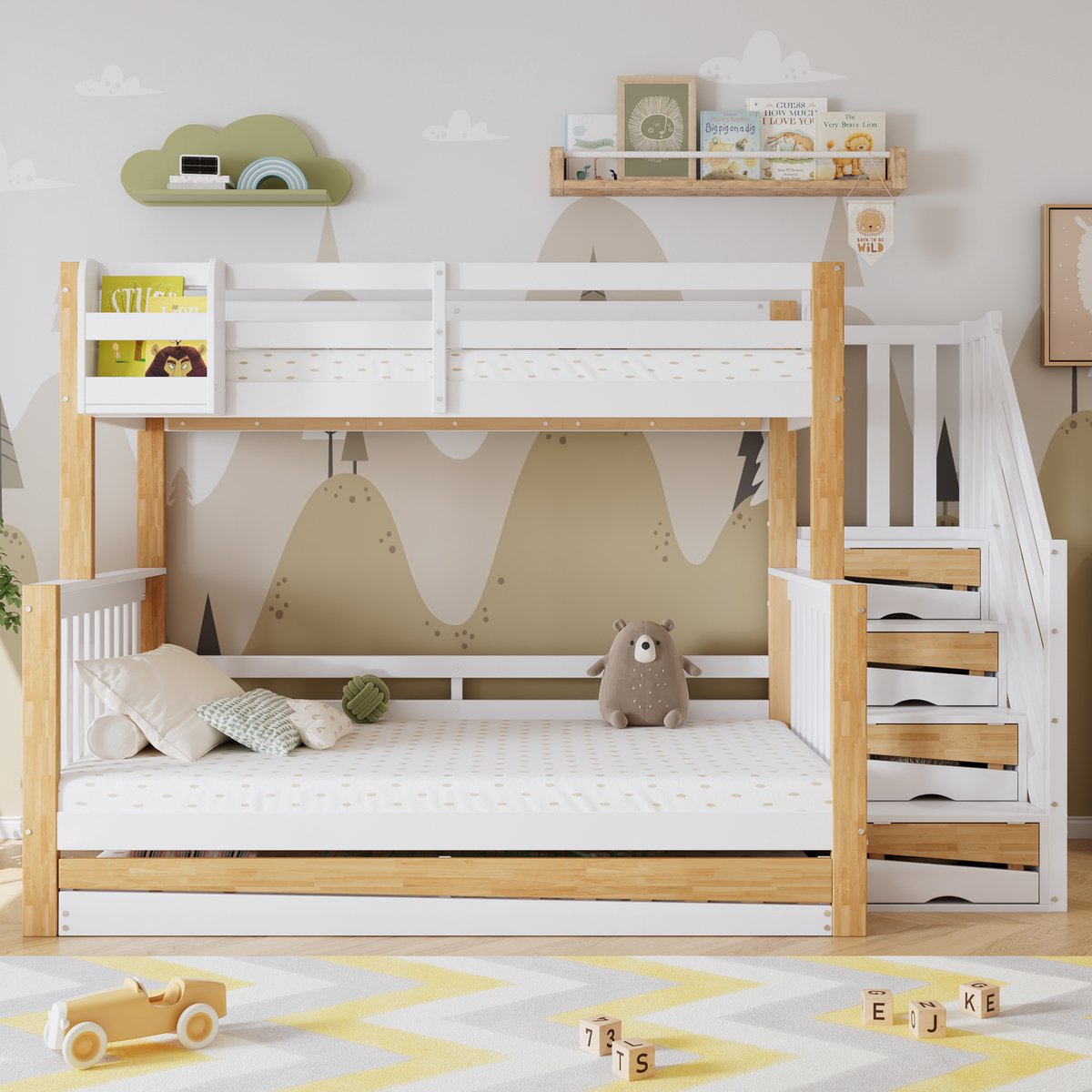Wishdor Stapelbed 90/120x200 cm - Uitschuifbed & Opbergtrap met 4 Kastjes - Grenen/MDF Wit/Naturel - Stapelbed met Uitschuifbed en Opbergtrap