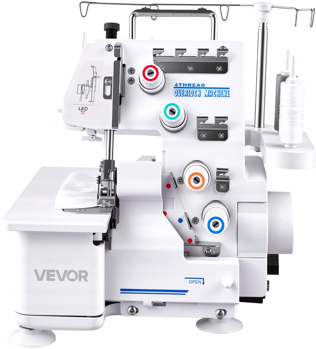 VEVOR Overlock Naaimachine, 1250 Steken Per Minuut, Geschikt voor 3- en 4-Draads Naaien, met Led-Verlichting en Sterke Zuignappen, Robuuste Naaimachine met metalen Frame voor Diverse Stoffen, Wit