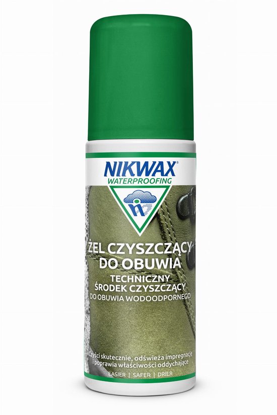 Groene Nikwax Waterproofing fles met "ŻEL CZYSZCZĄCY DO OBUWIA" erop, met afbeelding van schoenen.