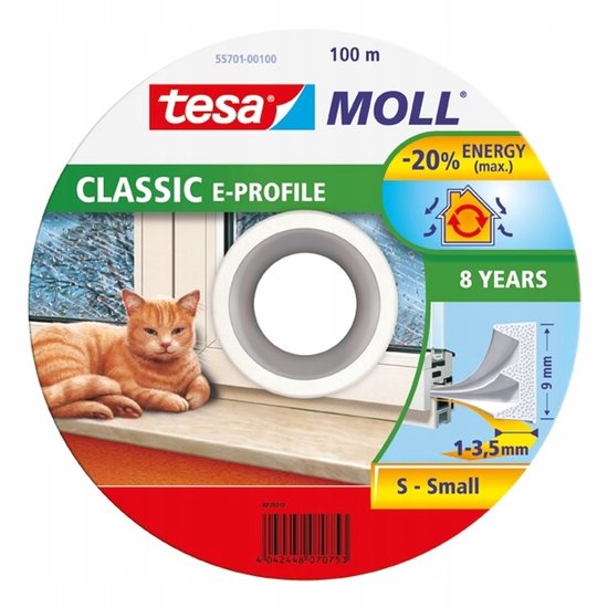 Verpakking Tesa Moll Classic E-profiel tochtstrip, met kat en energiebesparing.
