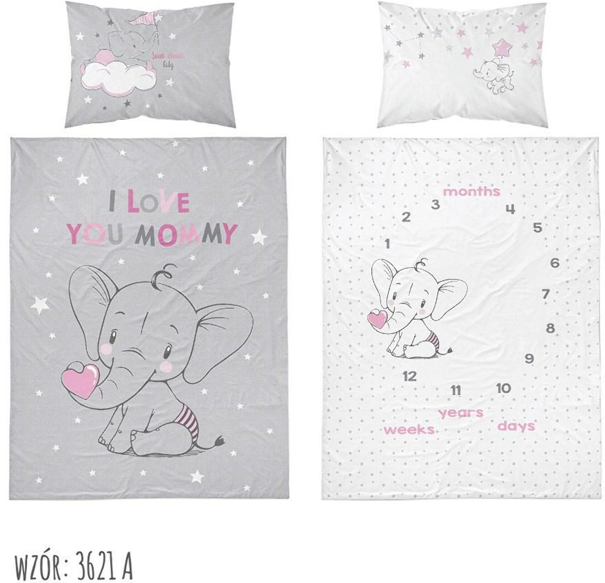 Detexpol Kids 1 - Kinder Beddengoed - 100x135 cm - Słonik - Roze/Grijs