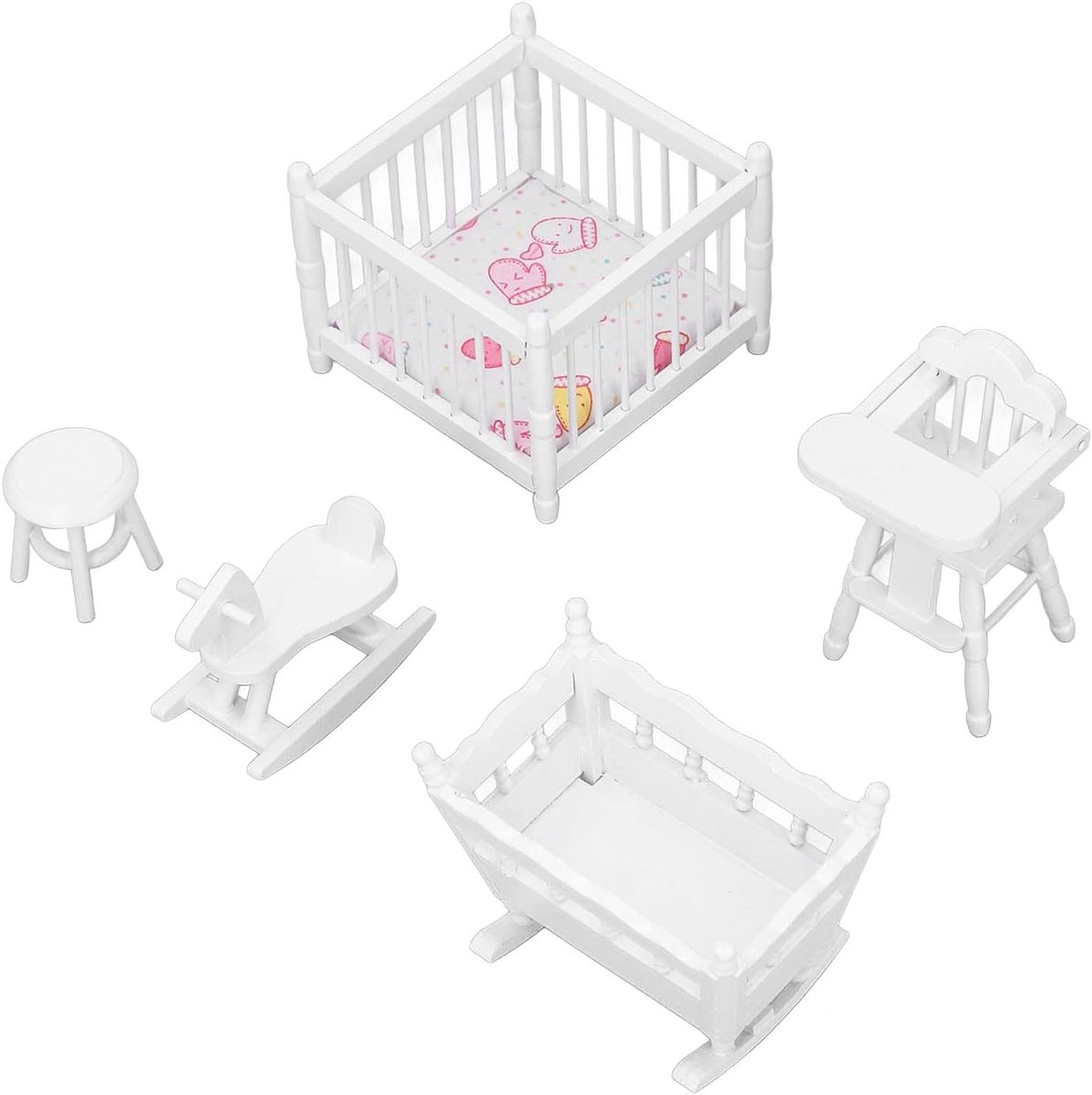 Poppenhuis Meubilair Set - Miniatuur Babymeubels - Poppenhuis Decoratie - Set van 5 Stukken - Schaal 1:12 - Wit