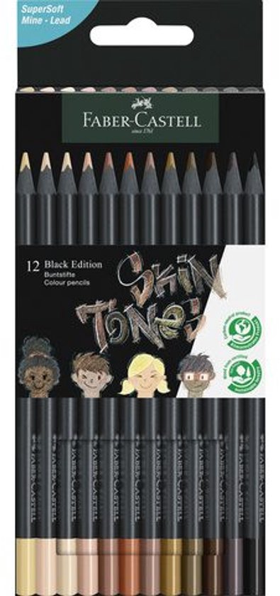 Verpakking met 12 Faber-Castell kleurpotloden 'Skin Tones' in zwart, met afbeeldingen van vier kinderen en potloden.