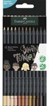 Verpakking met 12 Faber-Castell kleurpotloden 'Skin Tones' in zwart, met afbeeldingen van vier kinderen en potloden.