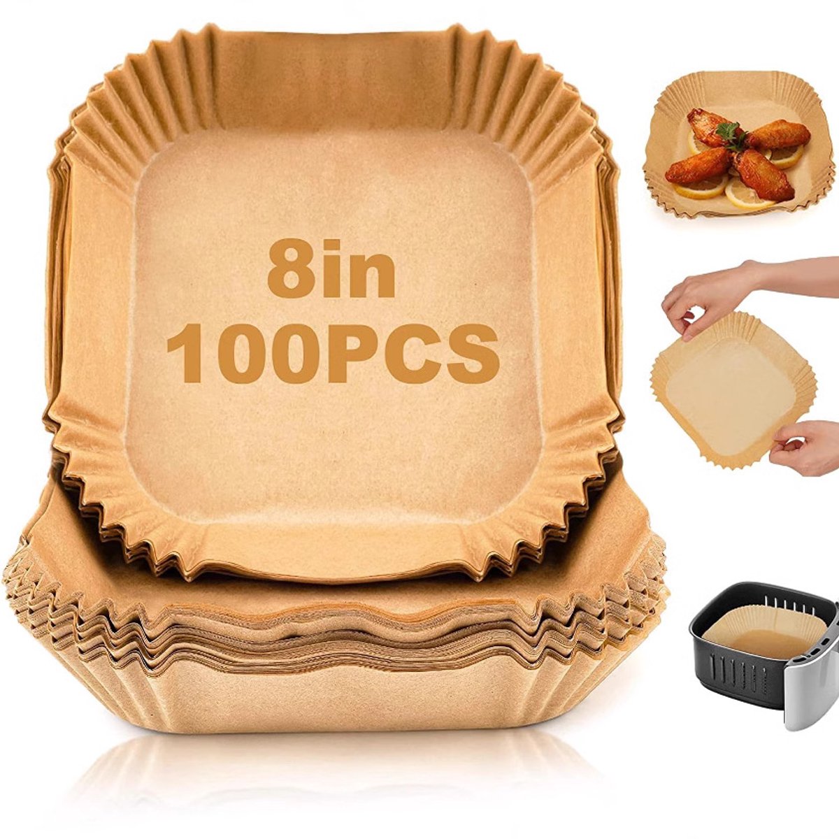 100-pack wegwerp-inlegvellen voor de airfryer — 8-inch vierkante bakpapiervellen — Anti-aanbak accessoires