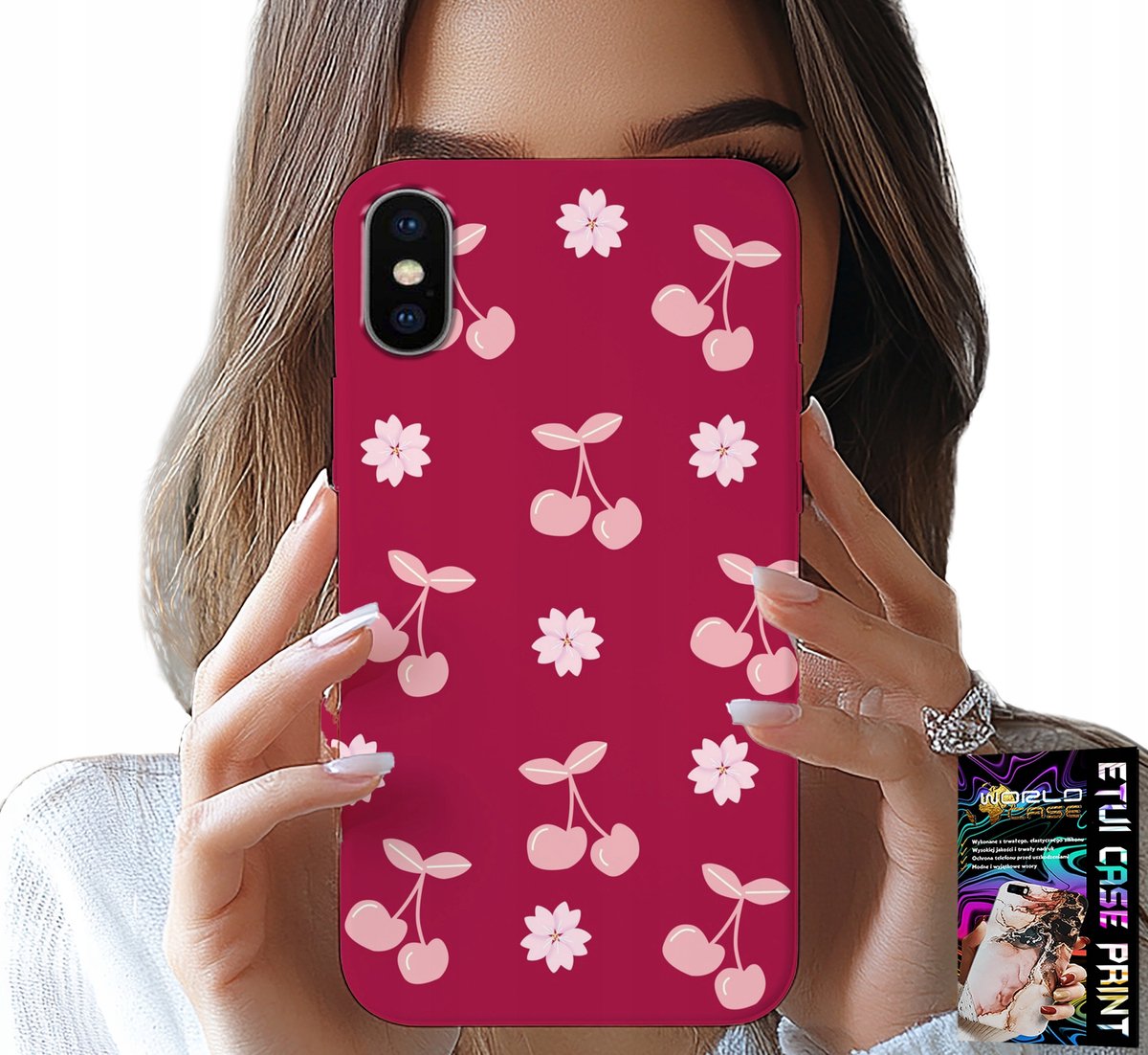 HOESJE VOOR IPHONE X / XS - KERSEN, KERSEN OP EEN BORDEAUXROOD ACHTERGROND + FOLIE
