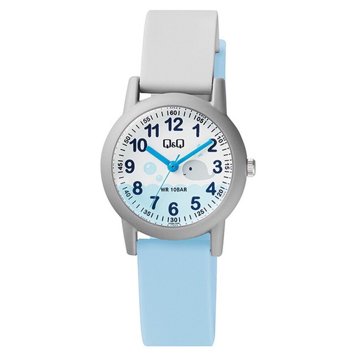 QQ VS49J006Y - Horloge - Analoog - Kinderen - Unisex - Plastic band - Rond - Cijfers - Walvis - Kunststof - Sport - Grijs - Lichtblauw - Wit - 10 ATM