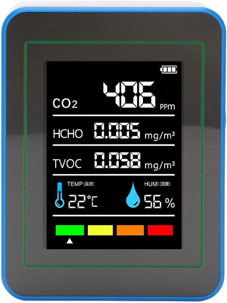 Luchtkwaliteitsmeter - Binnenklimaat Sensor - Gezond Werken - 5-in-1 Meting - Temperatuur Vochtigheid - Wit Blauw
