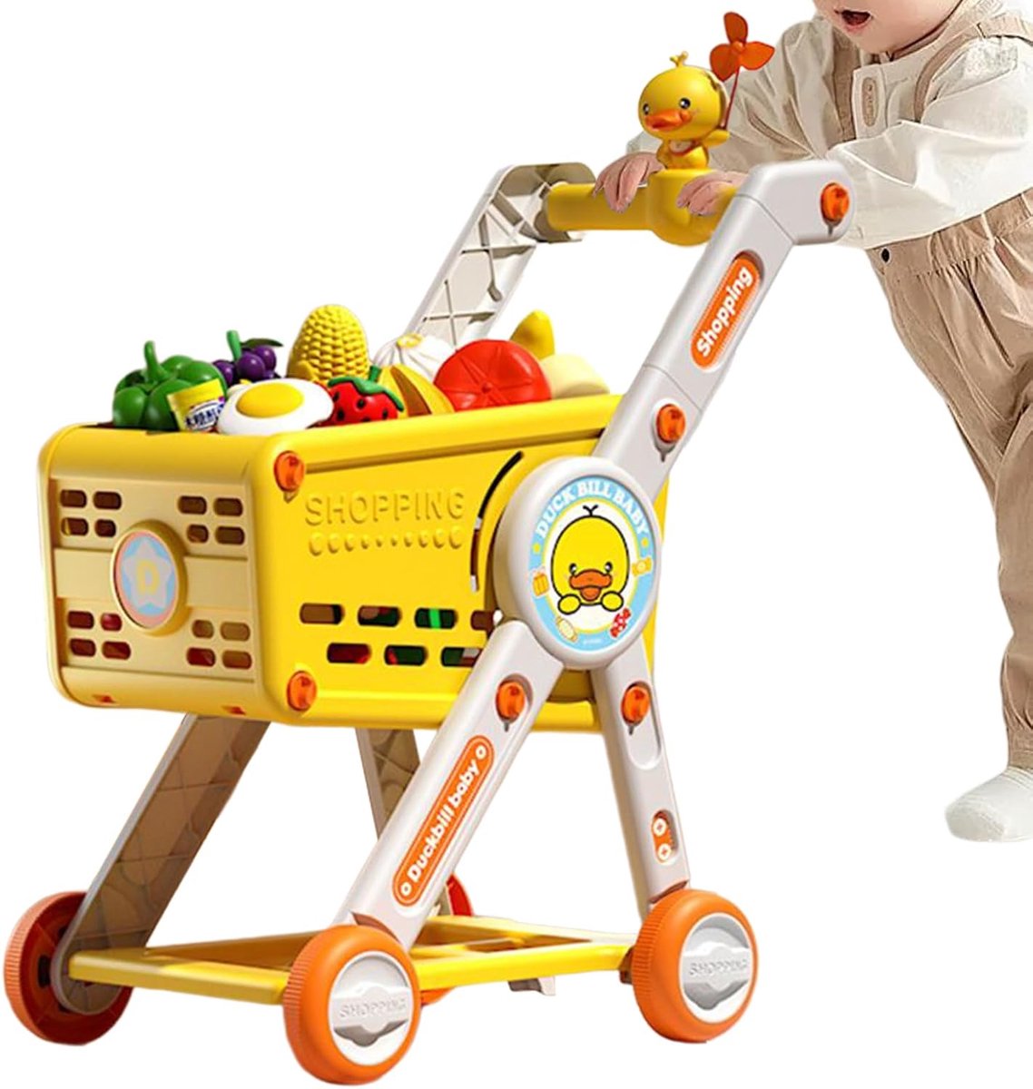 Speelgoed winkelwagen - Kinderkeukenspeelgoed - Rollenspel - 20-delige set - 28x45x65 cm - Geel roze