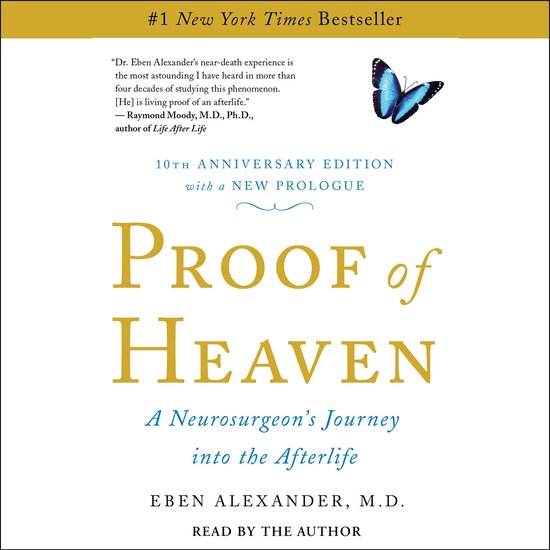 Boekomslag van 'Proof of Heaven' met de titel in grote gouden letters en een blauwe vlinder.