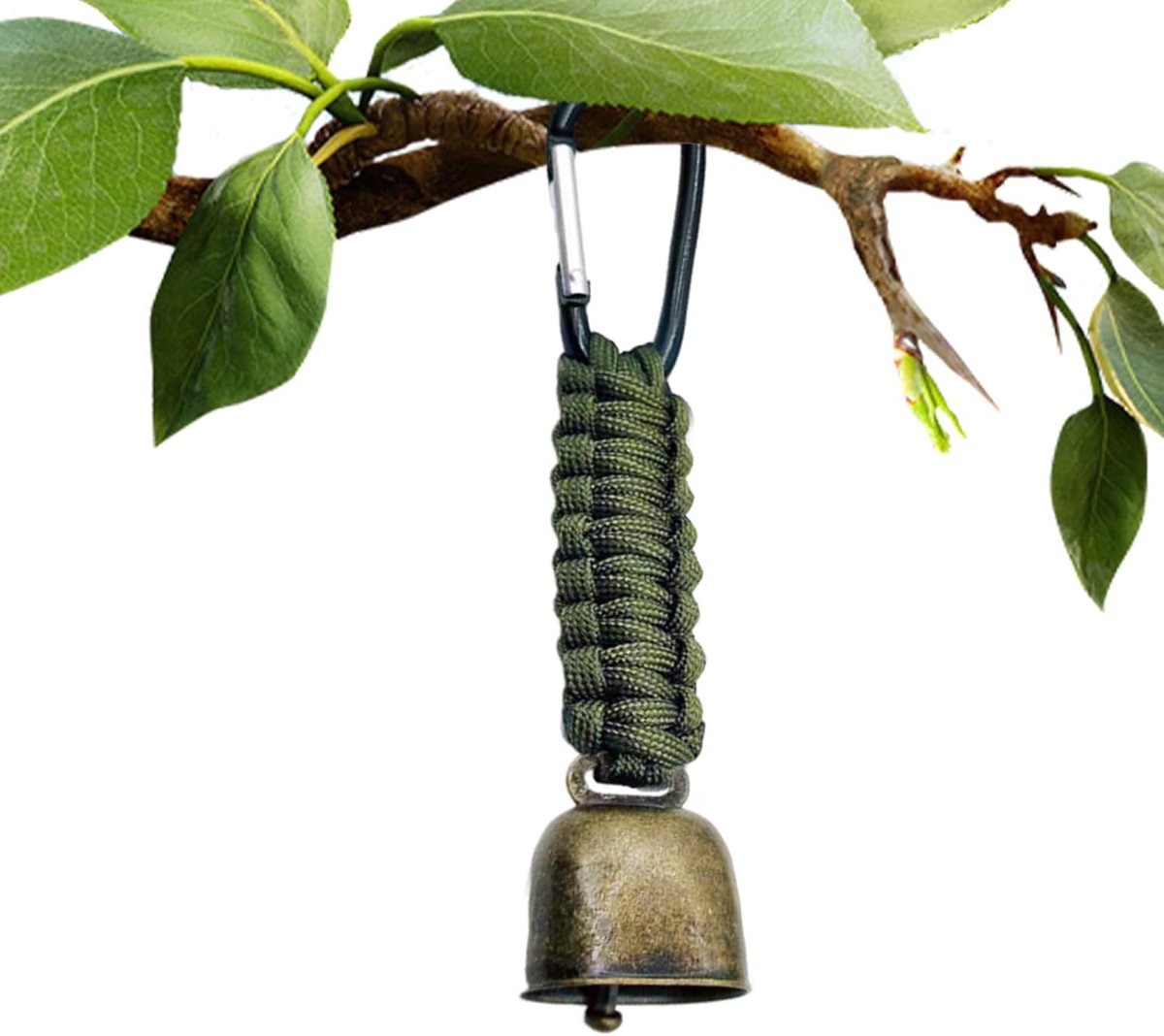 Wandelbel - Karabijnhaak Bel - Veiligheid Buiten - Luid Geluid - 16cm Lengte - Legergroen