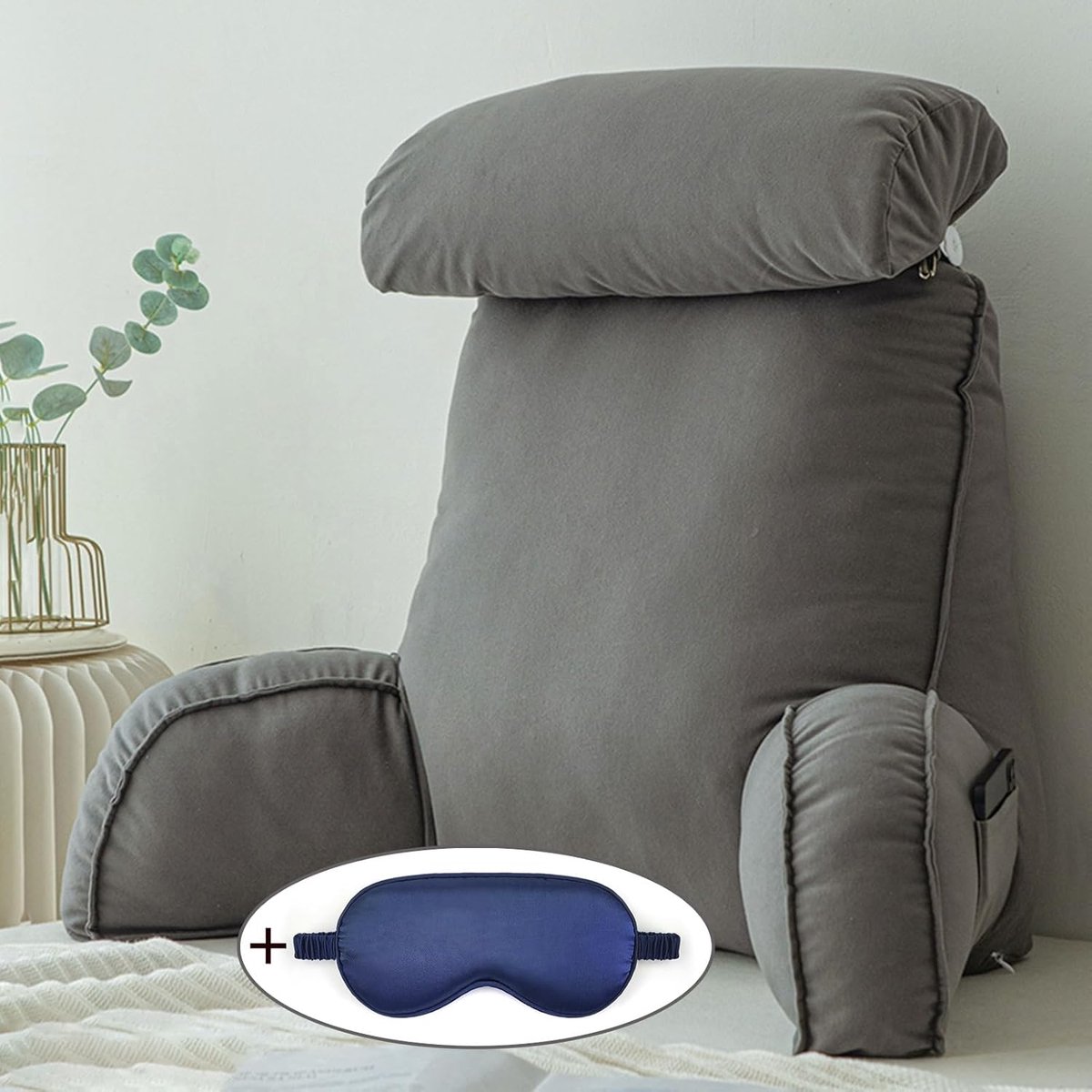 Leeskussen met armen - Rugsteun kussen - Ontspannen in bed - Afneembare hoes - 75x40x50 cm - Grijs