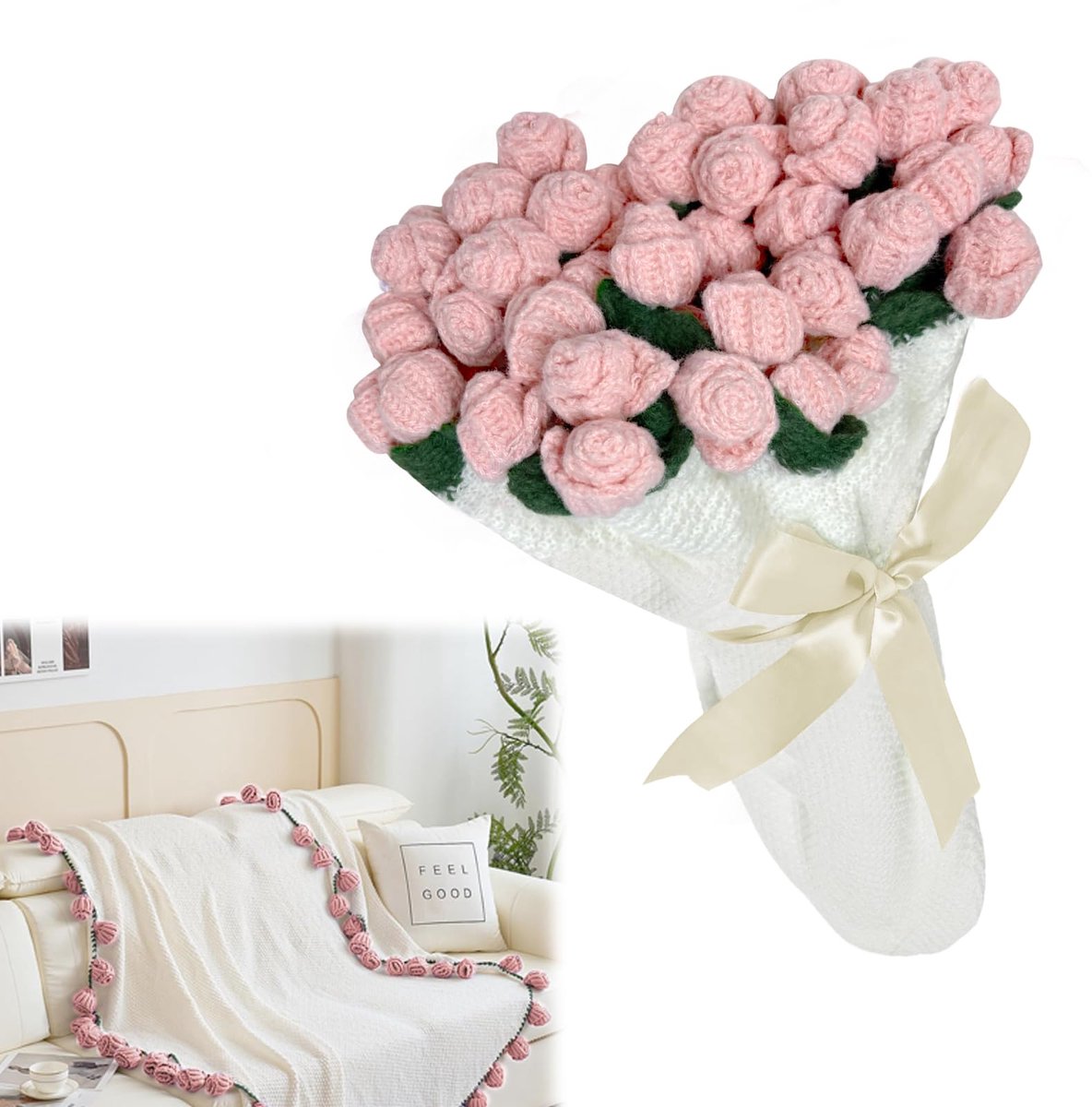 longziming - Knuffeldeken - Boeketdeken - Rozenboeketdeken - Deken - Handgehaakt met 3D-rozen - Zacht en vormvast - Veelzijdig in gebruik - Cadeau voor elke gelegenheid - Roze