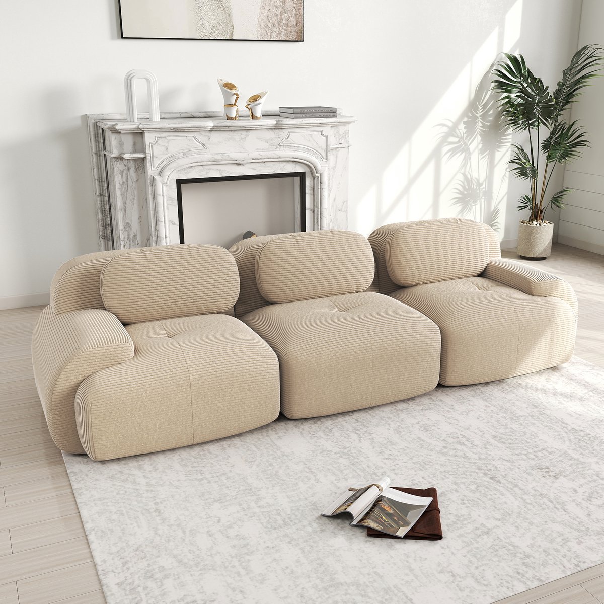 Wishdor Modulair Hoeksofa - Frameloos En Montagevrij - Ergonomische Armleuningen - Ribstof - Beige