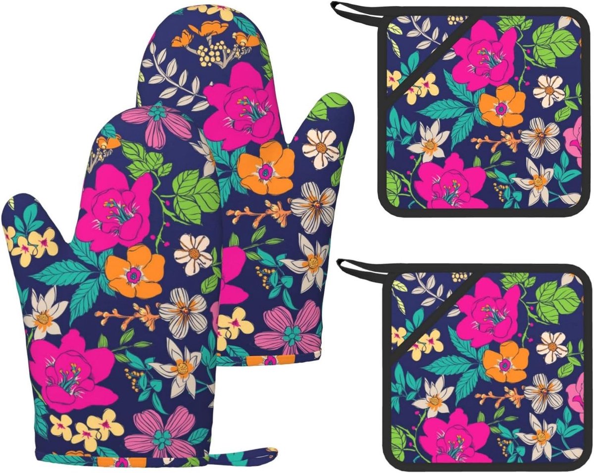 Oven Handschoenen Set - Hittebestendig Keukengerei - Veilig Koken - Met Bijpassend Onderlegger - 28 x 18 cm - Bloemenprint