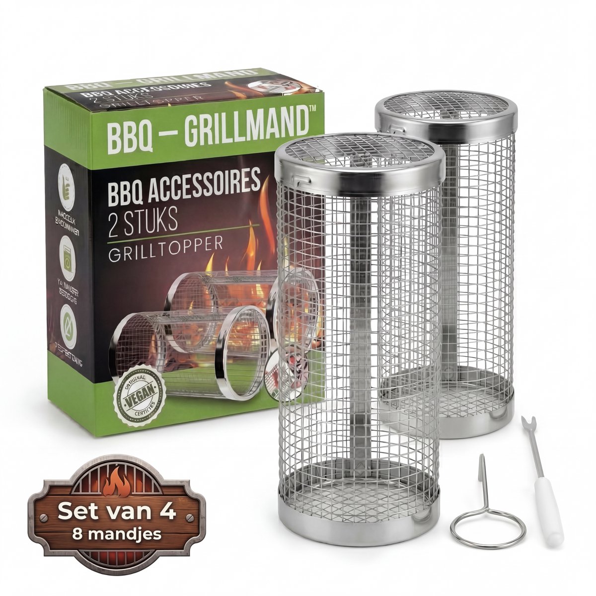 Oneproduct BBQ Grillmand – 8 stuks – RVS Grillmand voor Barbecue