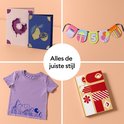 Collage met vier creatieve projecten: kaarten, slinger, T-shirt en doos.