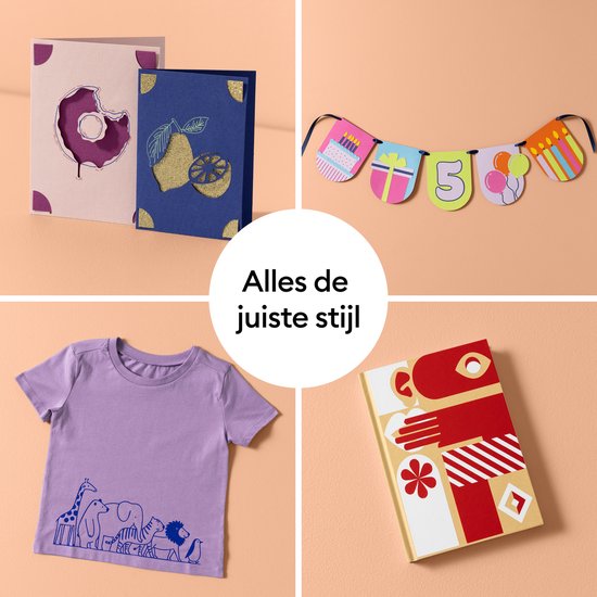 Collage met vier creatieve projecten: kaarten, slinger, T-shirt en doos.
