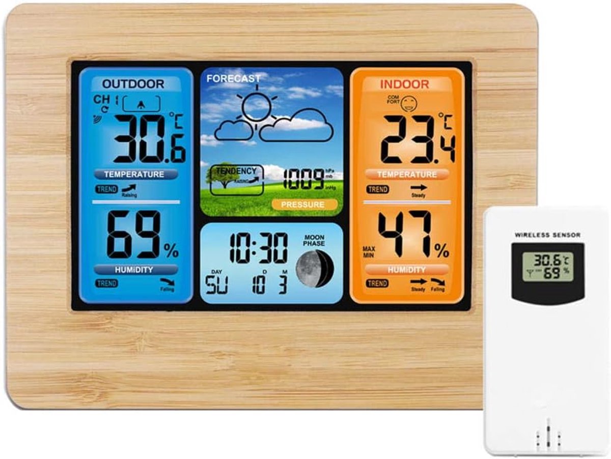 Houten Weerstation Klok - Digitale Wandklok - Weersvoorspelling Binnen - Kleurenscherm Weerweergave - Temperatuur Vochtigheid - Houtkleur