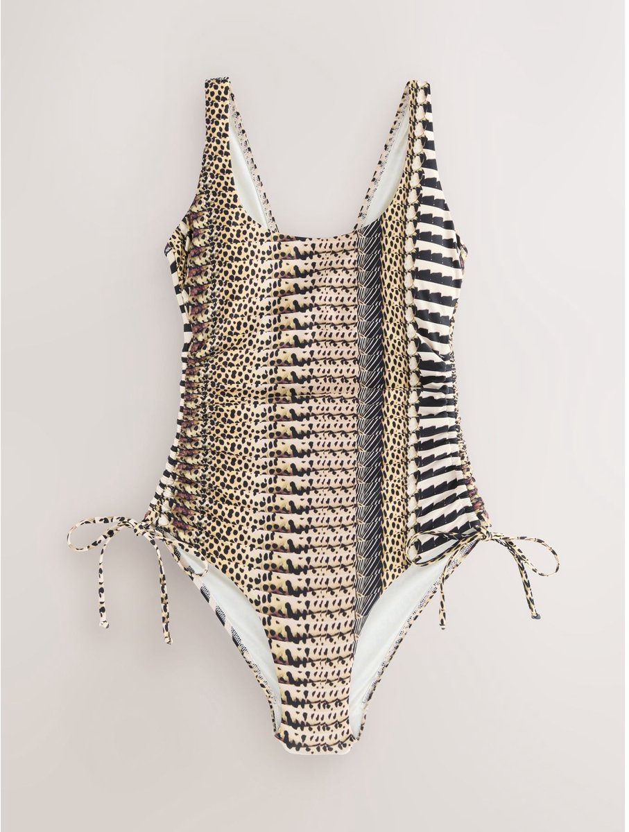 Next Dames - Badpak met lage hals, figuurcorrectie en ruches - Dierenprint Brown Multi Animal