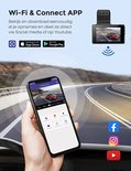 Telefoon die een dashcam-app toont met live beelden, naast een dashcam en social media iconen.