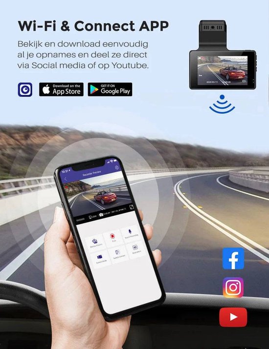 Telefoon die een dashcam-app toont met live beelden, naast een dashcam en social media iconen.
