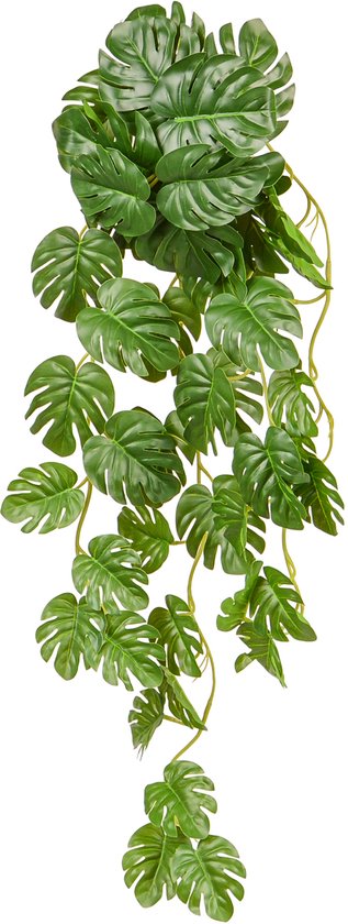 Kunstmatige Monstera-plant met grote, gespleten groene bladeren die naar beneden hangen.