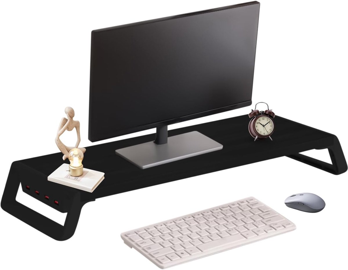 Monitorstandaard Bureau - Computer Organizer - Werkplek Optimalisatie - 4 USB Poorten - 50x20x7.5cm - Natuurlijk Hout