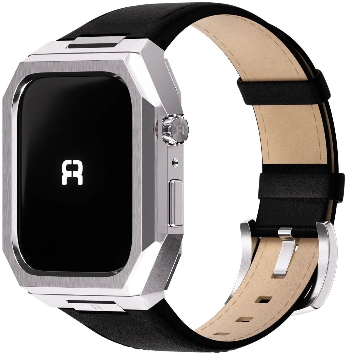 Reqior beschermhoesje met bandje Metaal & Leer – geschikt voor Apple Watch 7 45mm/8 45mm/9 45mm – stevig, comfortabel, premium design – Zilver & Zwart