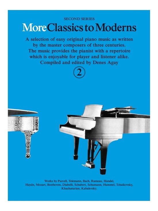 Couverture bleue pour 'More Classics to Moderns' avec une illustration de deux pianos à queue, dont un orné.