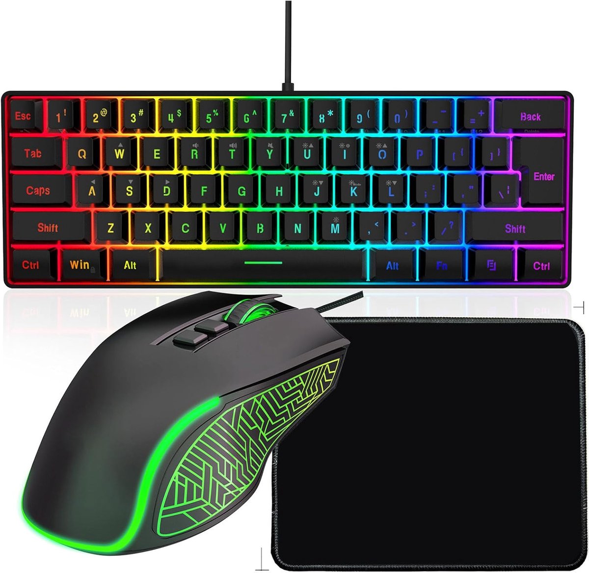 Gaming Toetsenbord Muis - Verlichte Set - Snelle Reactie - 61 Compact Toetsen - 1.7m Kabel - Zwart