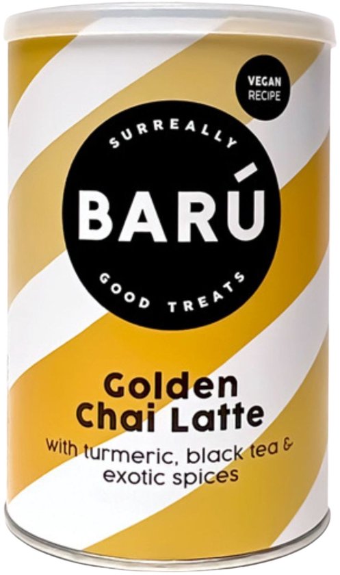 Boîte Surreally Barú Golden Chai Latte, recette végétalienne, curcuma, thé noir & épices exotiques. Rayures jaune et blanc.