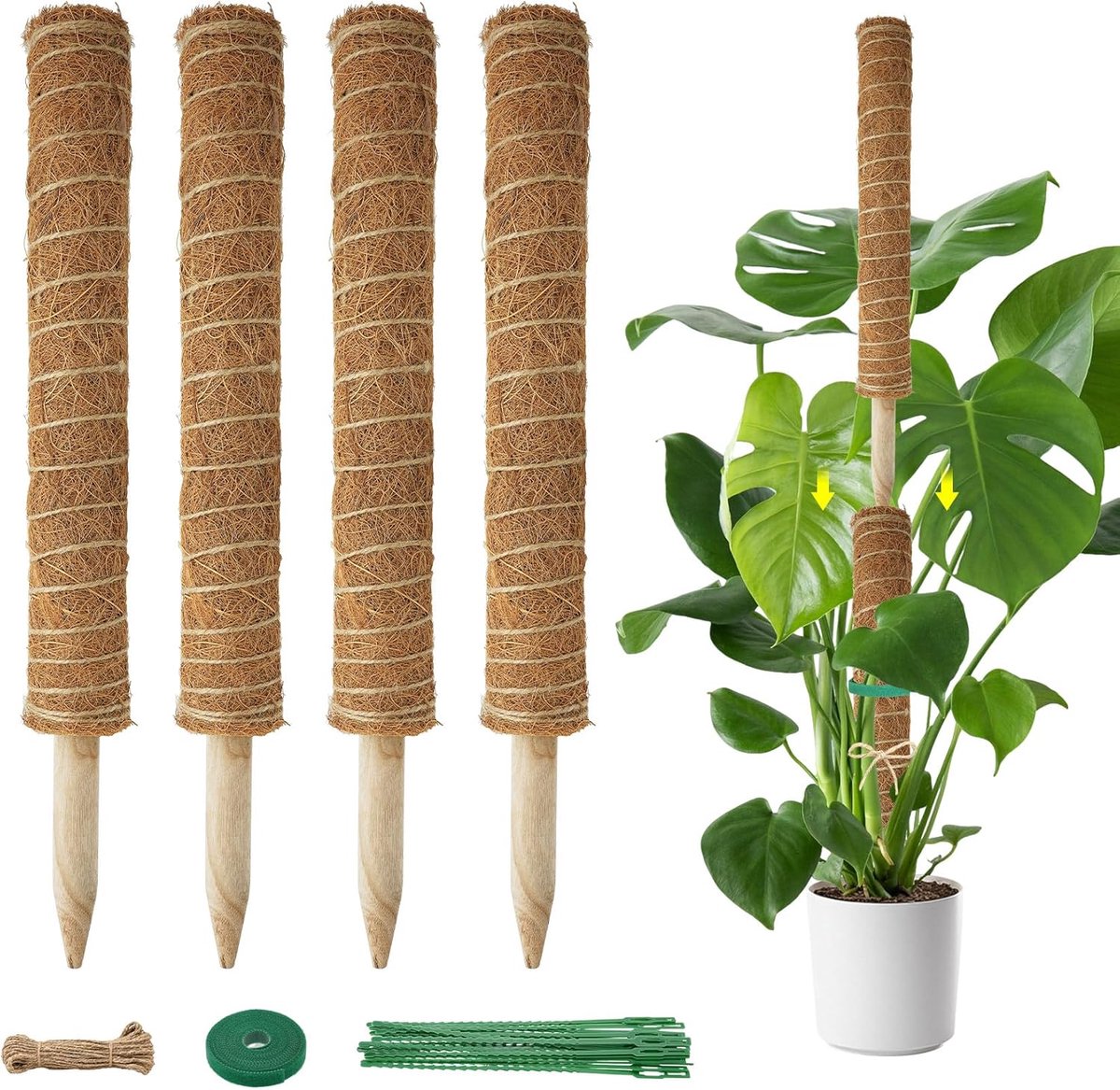 Mosstaaf voor Planten - Kokosstaaf - Set van 4 stuks - 42 cm - Verlengbaar tot 133 cm - Plantenstaaf - Klimhulp voor Monstera & Kamerplanten - Plantenondersteuning - Kokosvezel - Natuurlijke Plantengeleider - Uitbreidbare Plantenstok
