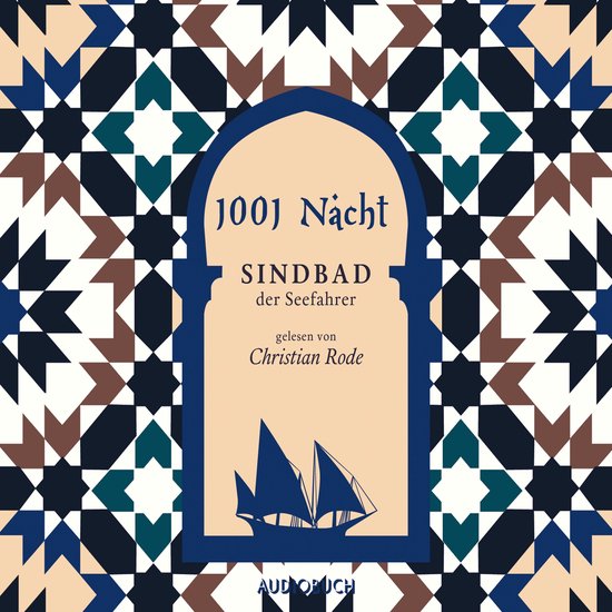 Boekhoesje '1001 Nacht Sindbad de Zeeman' met maritiem patroon en silhouet van een schip.