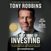 Audioboek "The Holy Grail of Investing" van Tony Robbins, met een portret van de auteur en tekst over beleggingen.