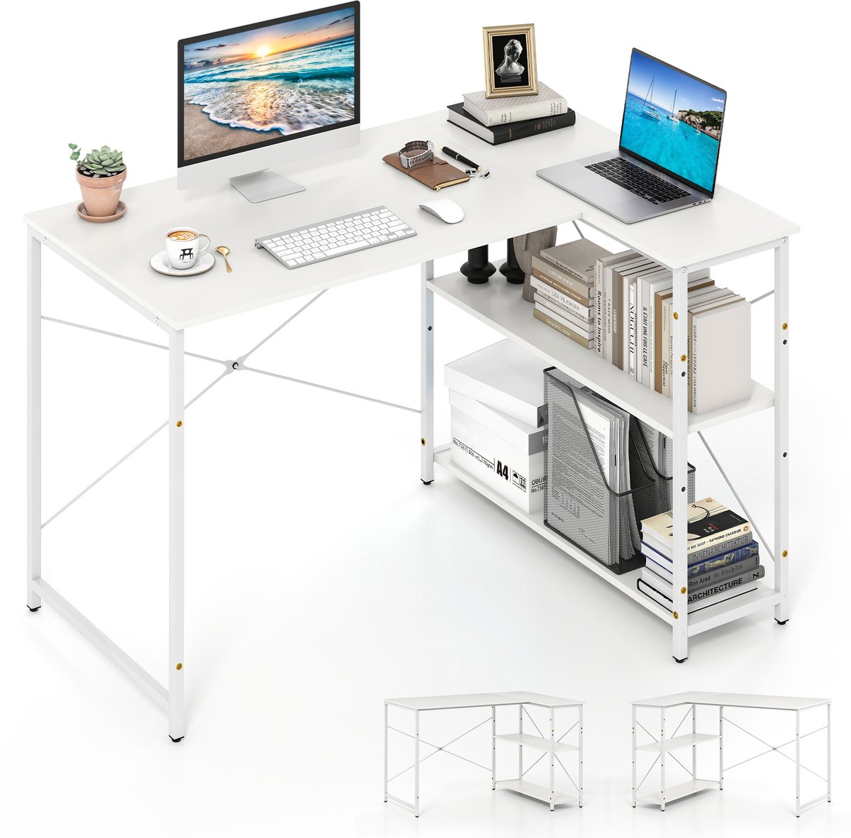 COSTWAY L-vormig bureau, omkeerbaar hoekbureau met verstelbaar rek en metalen frame, computertafel van hout, bureautafel, hoektafel voor thuis en kantoor, 118 x 86 x 74 cm (wit)