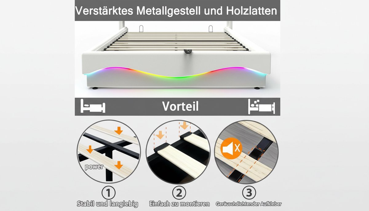Opbergbed 160x200 cm met LED Verlichting, USB & Type-C Oplaadstation – Casa Velluto Luxe Tweepersoonsbed met Hoofdbord Opbergruimte, Gaslift Opbergbox Onder Bed, Houten Lattenbodem – Modern Bedframe Wit Leer