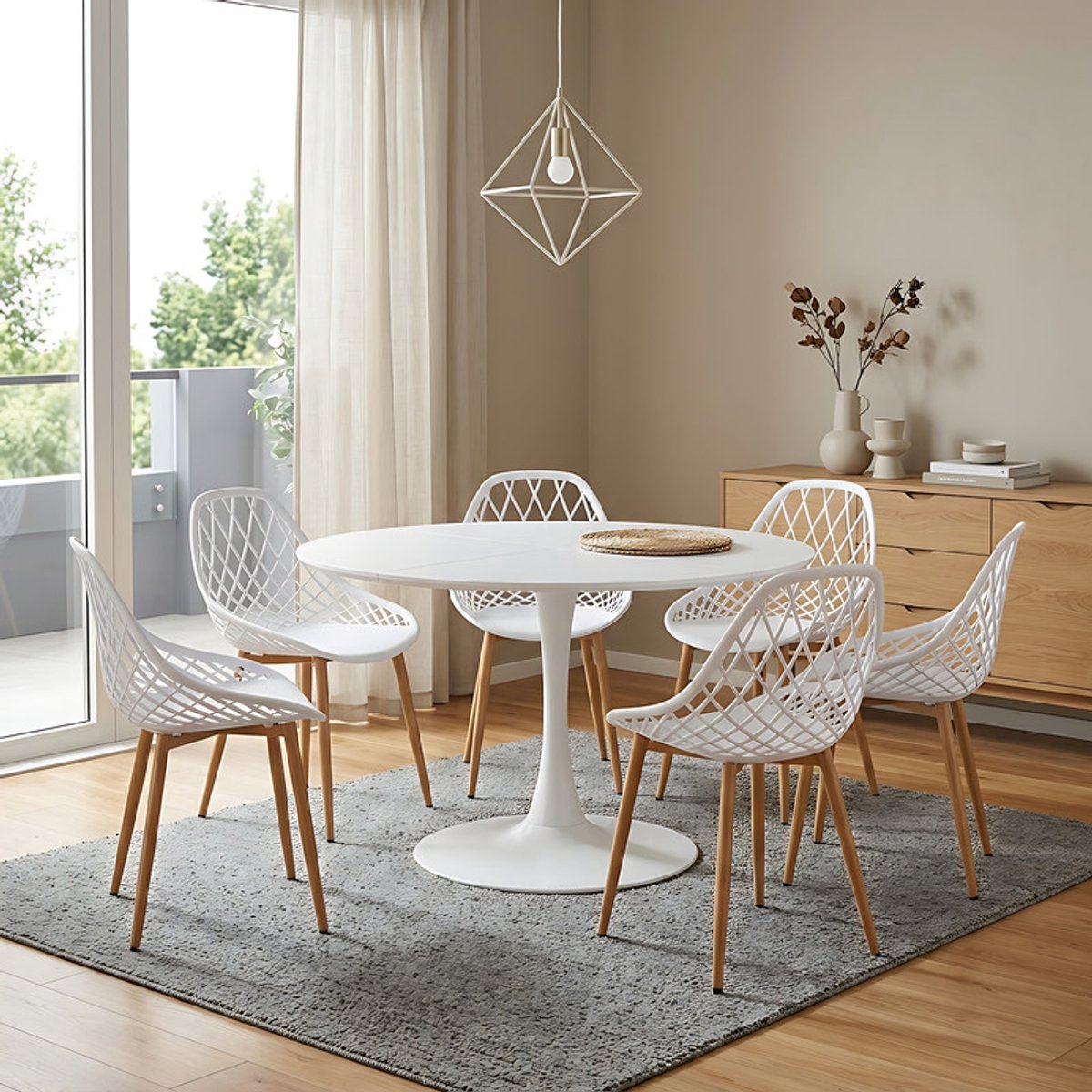 EGGREE eettafel en stoelen - 6 witte eetkamerstoelen - tafel Ø 120 cm - voor bar - café en restaurant Wit-M6WH