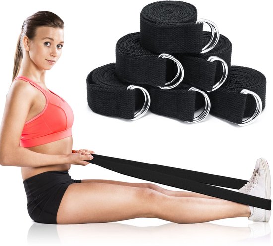 longziming-Yoga Riem - Yoga strap - Stretch Band - Pilates - 6 stuks - 2,4 meter - 3,8 cm breed - D-vormige metalen gesp - Antislip katoen-polyester - Zwart & paars - Voor flexibiliteit, rekken en yogahoudingen - Zwart — afbeelding 2