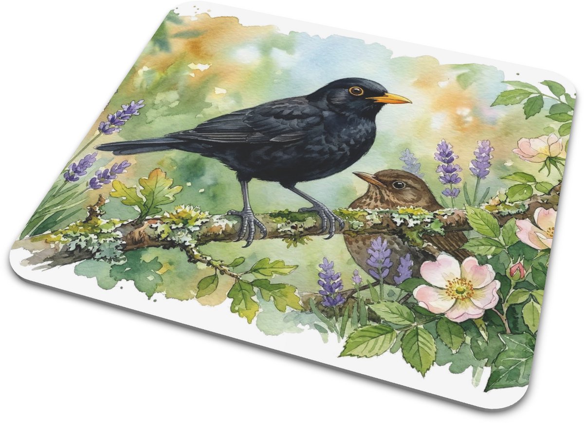 Muismat "Aquarel Series" Merel Koppel in de Natuur - Romantische Bureau Accessoires met Vogelprint - Persoonlijk Cadeau voor haar: Vrouw, Vriendin & Collega - Artistieke Vogel Kantoorartikelen voor Thuiswerkers & Studenten