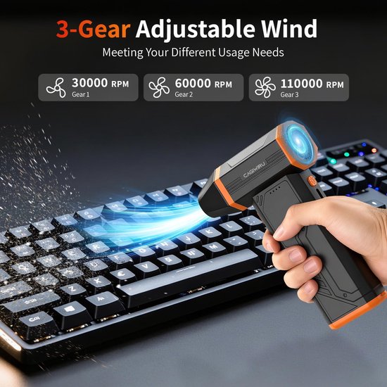 Draadloze Luchtblazer 300000 RPM - 3 Snelheden, 10000 mAh Batterij, LED-licht, voor PC, Auto, Huis, Toetsenbord, Auto en Huis van Merkloos	 — afbeelding 4